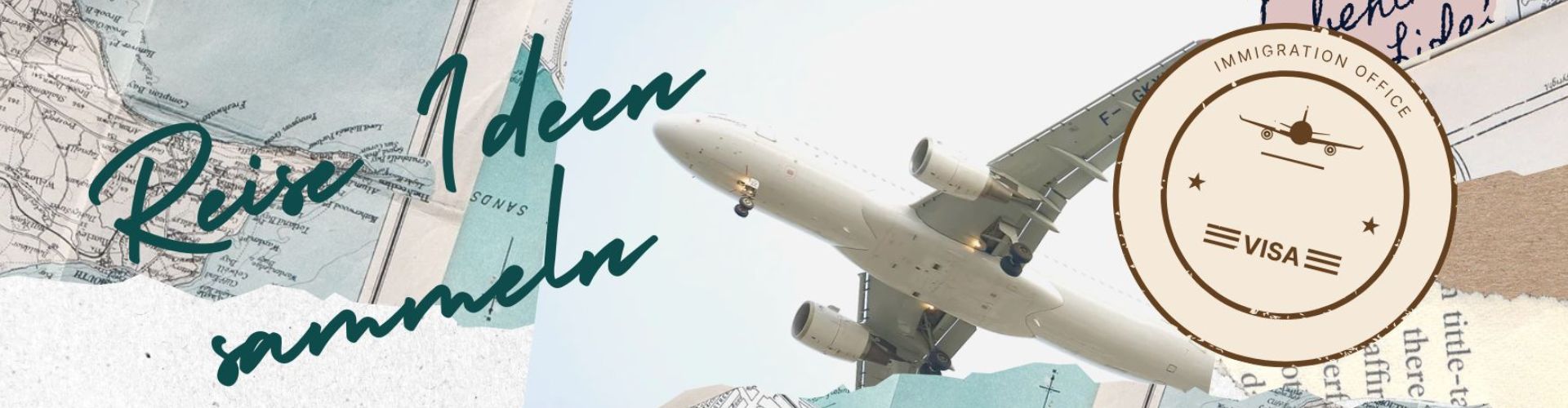 eine Grafik mit Karten, Flugzeug das Reise Ideen sammeln symbolisieren soll