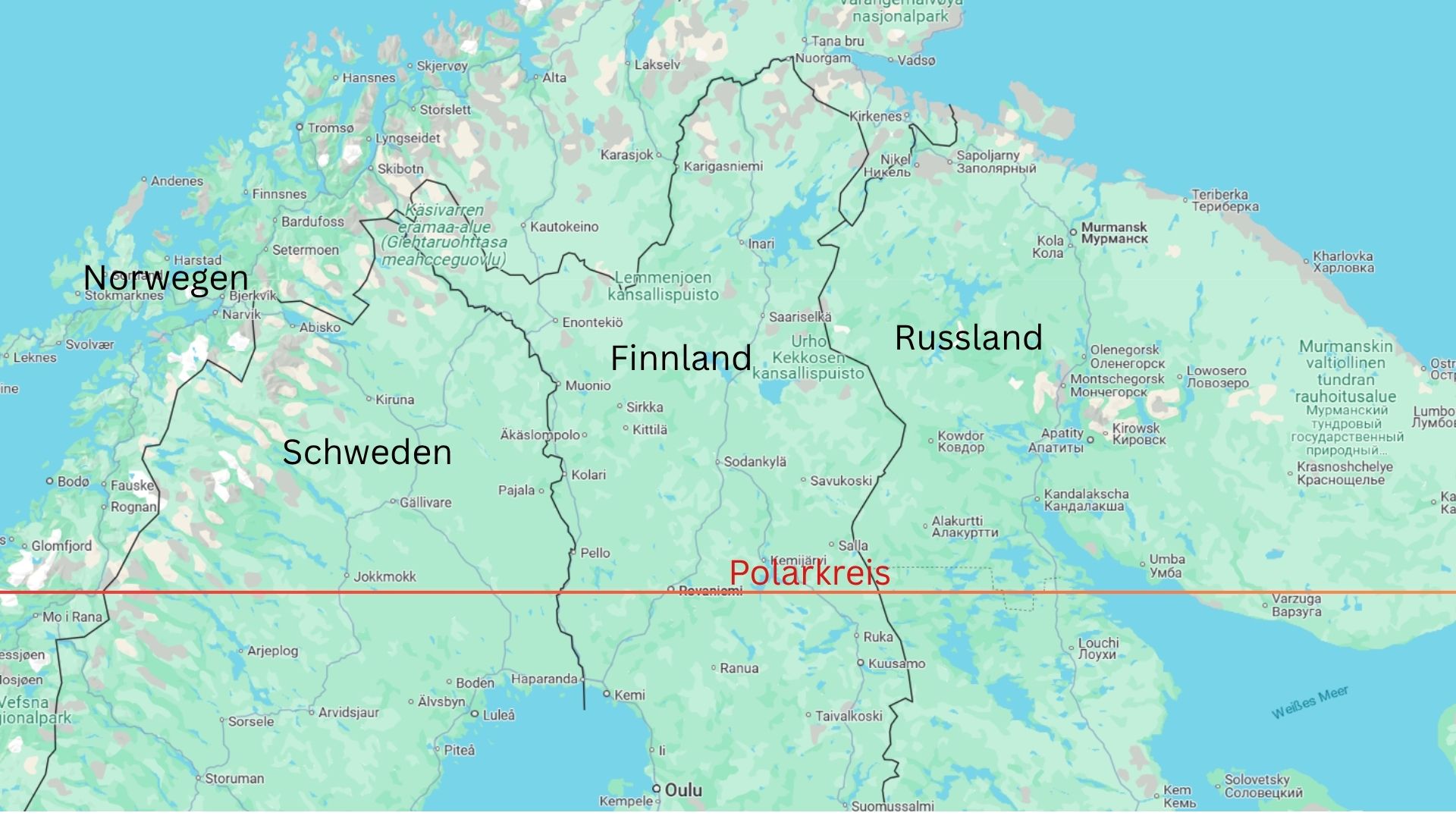Karte von Nordskandinavien mit Verlauf des Polarkreises durch Schweden, Finnland und Russland
