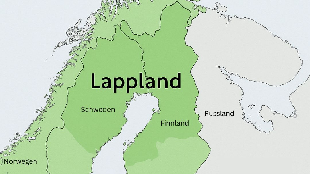 Karte von Lappland in Skandinavien mit Markierung von Schwedisch Lappland und Finnisch Lappland – Lappland erstreckt sich über Schweden, Norwegen, Finnland und Russland