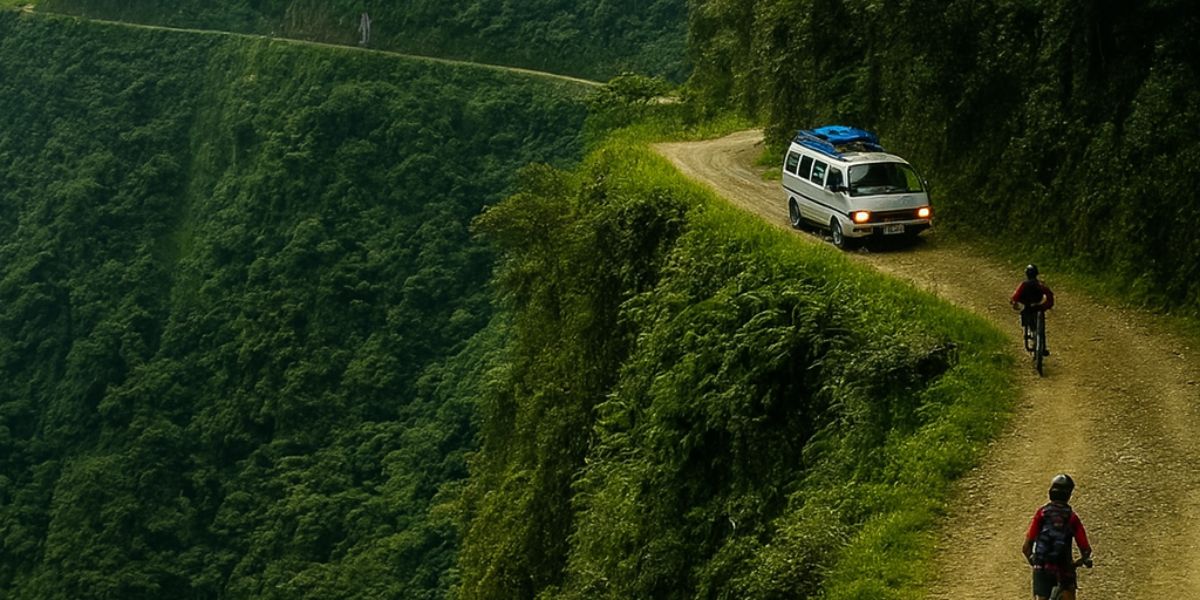 Death Road in Bolivien – Radfahrer und Auto auf der einst gefährlichsten Straße der Welt mit fast 100 Toten jährlich