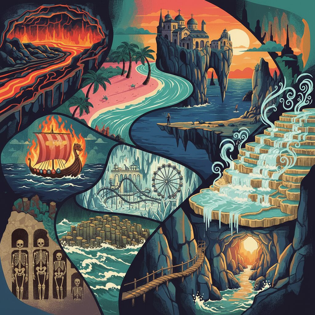 Illustration der 10 außergewöhnlichen Reiseziele in Europa: Vulkanhöhle, rosa Strand, Meteora-Klöster, Trolltunga-Felsen in Norwegen, heiße Thermalquellen von Saturnia, brennendes Wikingerschiff vom Up Helly Aa Festival, Katakomben von Palermo, Giant’s Causeway in Irland, Freizeitpark im Salzbergwerk Salina Turda und der Caminito del Rey in Spanien.